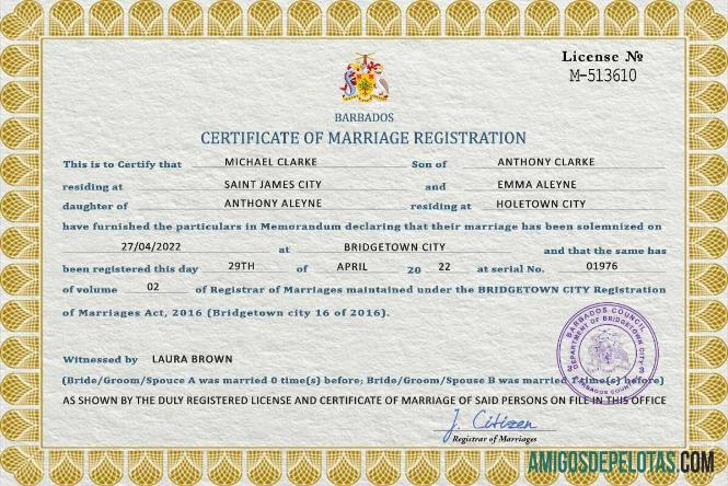 Imprimível modelo PSD de certidão de casamento de Barbados
